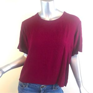Vintage Lee David Short Sleeve Burgundy Red Crinkle Blouse Size Medium Rayon.